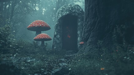 an image of the entrance to a forest with mushrooms and a door leading to a, magic doorway, magical portal gateway