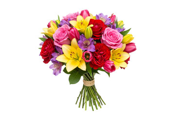 Colorful mixed flower bouquet with lily, rose, gerbera, daffodil, carnation isolated on white background. Vibrant floral arrangement studio shot, spring summer gift.