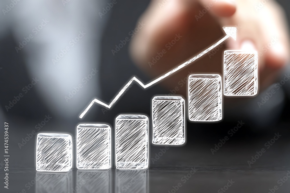 Poster a hand pointing towards a graph showing continuous corporate progress and growth targeting business 