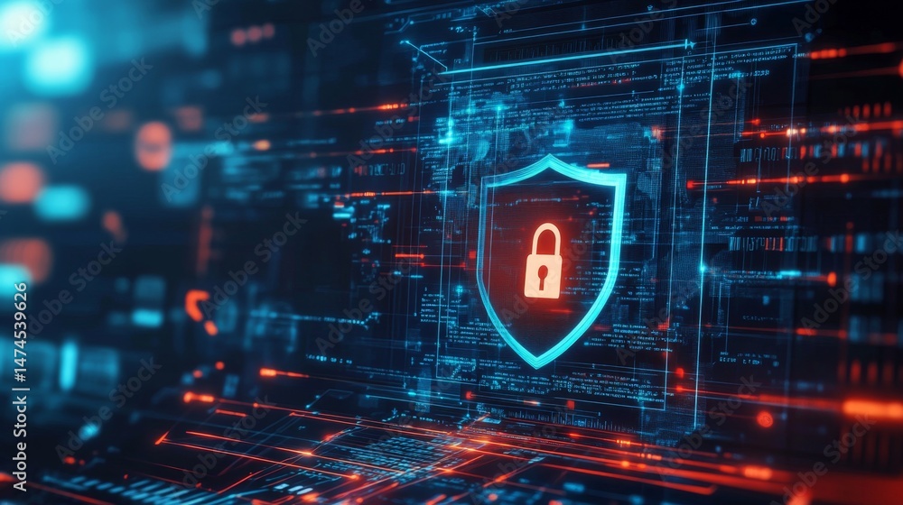 Poster cybersecurity action protecting data integrity virtual environment digital content futuristic perspe