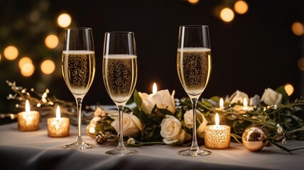 new year celebration, champagne glasses and christmas decorations