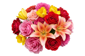Vibrant mixed flower bouquet with lily, rose, gerbera, carnation in red and orange tones isolated on white background. Festive floral arrangement studio shot gift.