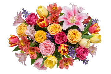 Beautiful mixed flower bouquet with rose, lily, carnation, gerbera in pink, yellow, orange tones isolated on white background. Colorful floral arrangement studio.
