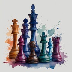 Chess pieces rendered in watercolor on a transparent background.