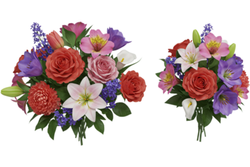 Two contrasting flower bouquets with rose, carnation, gerbera in red and purple tones isolated on white background. Floral arrangement comparison studio shot.