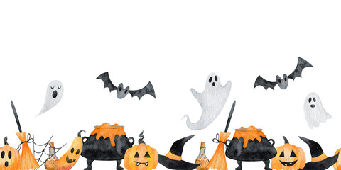 Watercolor seamless Halloween border with pumpkins, ghost, broom, potion and bat illustration.