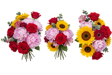 Festive flower bouquet with rose, peony, sunflower, gerbera, dahlia in red and orange tones...