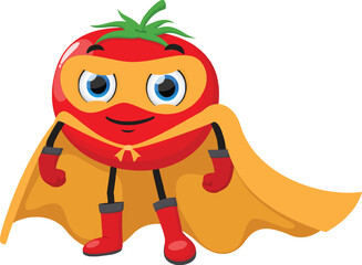 Cartoon Tomato superhero character, isolated on white backgrounds