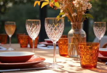 Elegant dining table set with crystal glasses and vibrant orange decor