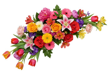 Long horizontal mixed flower bouquet arrangement (swag) with rose, lily, tulip, gerbera in colorful tones isolated on white background. Floral decoration design.