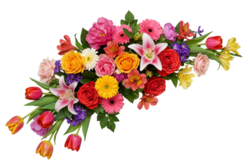 Long horizontal mixed flower bouquet arrangement (swag) with rose, lily, tulip, gerbera in colorful tones isolated on white background. Floral decoration design.