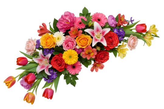 Long horizontal mixed flower bouquet arrangement (swag) with rose, lily, tulip, gerbera in colorful tones isolated on white background. Floral decoration design.
