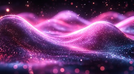 Futuristic ribbon glowing in purple and cyan, digital glitch style over dark tech background, badge, symbol of awareness, glowing aura, decorative graphic element, celebration