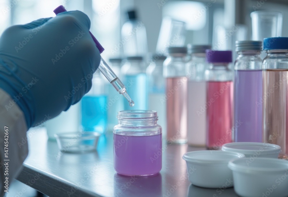 Poster a scientist using a pipette to transfer liquid into a jar in a lab