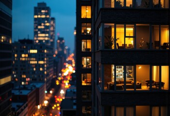 Fototapeta na wymiar Night view of illuminated apartment windows in a high-rise building overlooking a busy city street