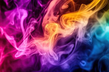 Fototapeta premium Vibrant colored smoke swirls against a black backdrop. Intricate patterns of smoke in hues of pink, purple, orange, yellow, and blue. Evocative and dynamic visual