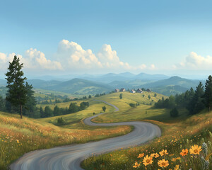 Naklejka premium Winding Road with Mountain Valley, and Summer.