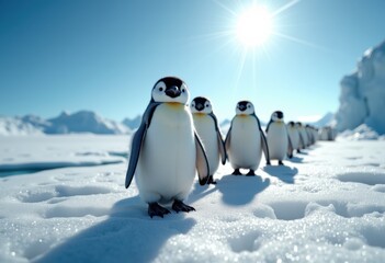 Obraz premium A group of adorable penguins walking on the icy landscape under the sun