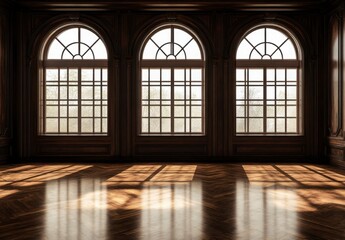 Fototapeta premium Grand Room Interior With Dark Wood And Arched Windows, Sunlight Streaming Through