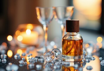 Elegant perfume bottle surrounded by crystals and candlelight ambiance
