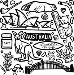 Australia Icons Hand Drawn Doodle style, Hand drawn doodle Australia icons set Vector illustration, Australia Travel Doodle style