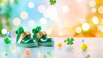 Festive green shoes with shamrocks and bokeh