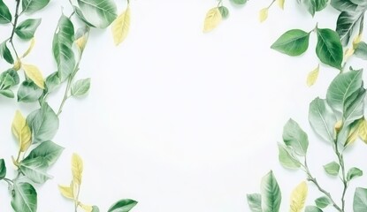 Fototapeta premium Green And Yellow Leaves Frame On White Background