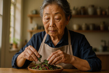 Senior woman preparing a mix of dried leaves for herbal tea