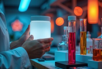 A scientist holding a glowing container in a laboratory filled with colorful liquids