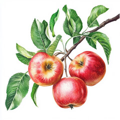 Watercolor botanical illustration of ripe red apples on branch with green leaves, isolated on white background.