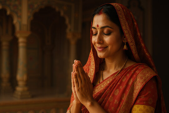 Portrait of serene Indian woman in red sari with bindi and joined hands, praying inside a temple, finding peace and spirituality