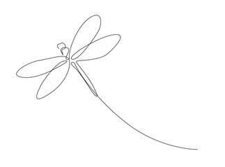 Flying dragonfly single outline illustration. Continuous line art drawing of dragonfly. Editable stroke.