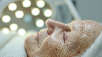 Naklejka premium Close-up of translucent aging skin with rejuvenating light beams, soft-focus tools in background - modern dermatology innovation