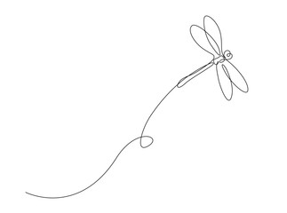 Flying dragonfly single outline illustration. Continuous line art drawing of dragonfly. Editable stroke.