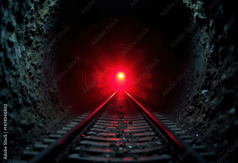 Poster a railway tunnel illuminated by a bright red light at the end, creating a dramatic and mysterious at