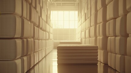 Soft lighting illuminating the clean lines and order of a mattress factory setup