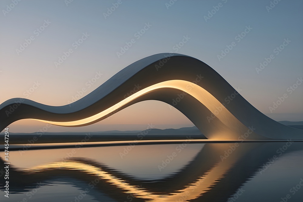 Poster modern, minimalist architecture. a wave-like structure illuminated at dusk, mirroring in a calm pool