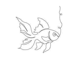 Golden fish single outline illustration. Continuous line art drawing of fish. Editable stroke.