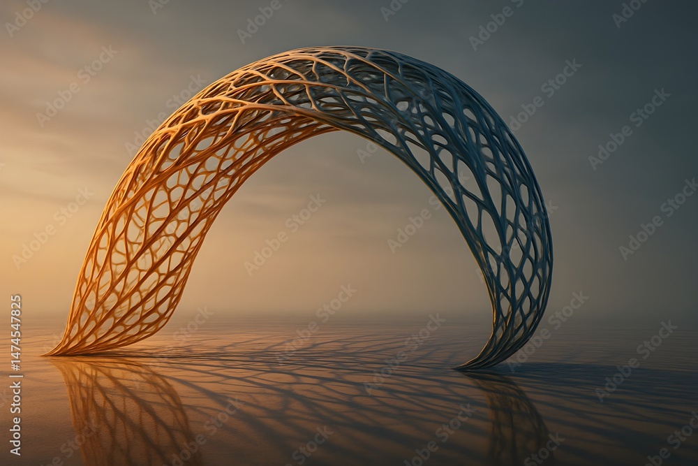 Aufkleber a 3d rendering of an abstract arch structure, featuring a blend of warm and cool colors against a su