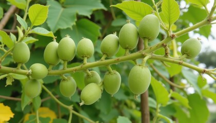 more pods form along secondary branches, showing the plant's full reproductive stage. each pod varies slightly in size