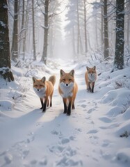 Obraz premium Three delicate fox prints trail through snowy woods , wildlife, footprints, cold