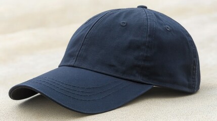 Dark navy baseball cap on light beige surface