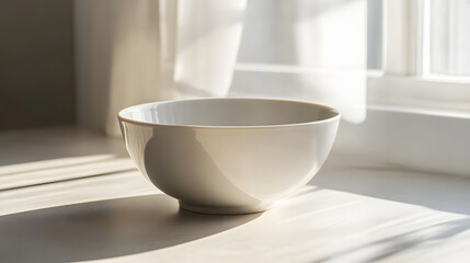 Minimalist Bowl: A simple ceramic bowl rests on a sunlit windowsill, embraced by gentle light and soft shadows that accentuate its curves, radiating a serene atmosphere.