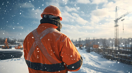 Winter Construction Worker with Snowy Site.
