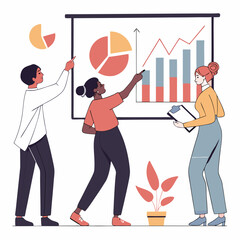 Team presenting data analysis and business strategy on whiteboard with financial charts