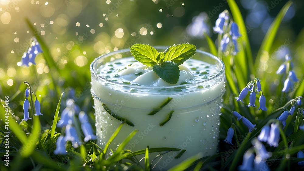 Poster presenting refreshing drink with mint in a sunny meadow setting