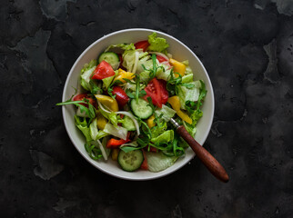 Fresh vegetable salad with seasonal vegetables on a dark background, top view
