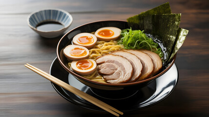 Savory Ramen Delight: A delectable bowl of ramen presents a harmonious blend of culinary artistry. Yellow noodles nestle amidst a rich broth, adorned with succulent slices of pork belly.