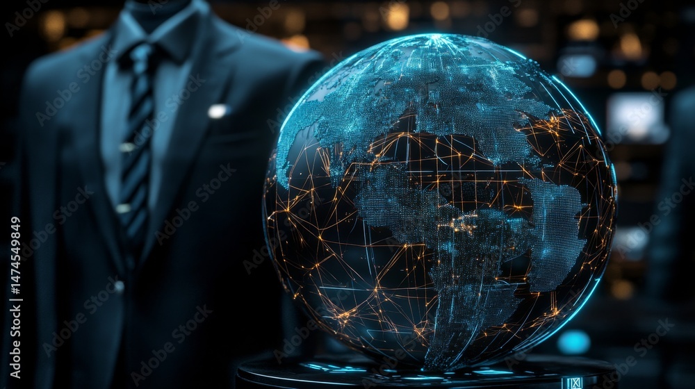 Poster global connectivity showcase business hub 3d visualization digital environment close-up view network