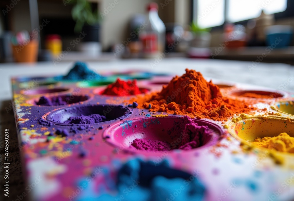 Poster vibrant colored powders arranged in circular containers on a table
